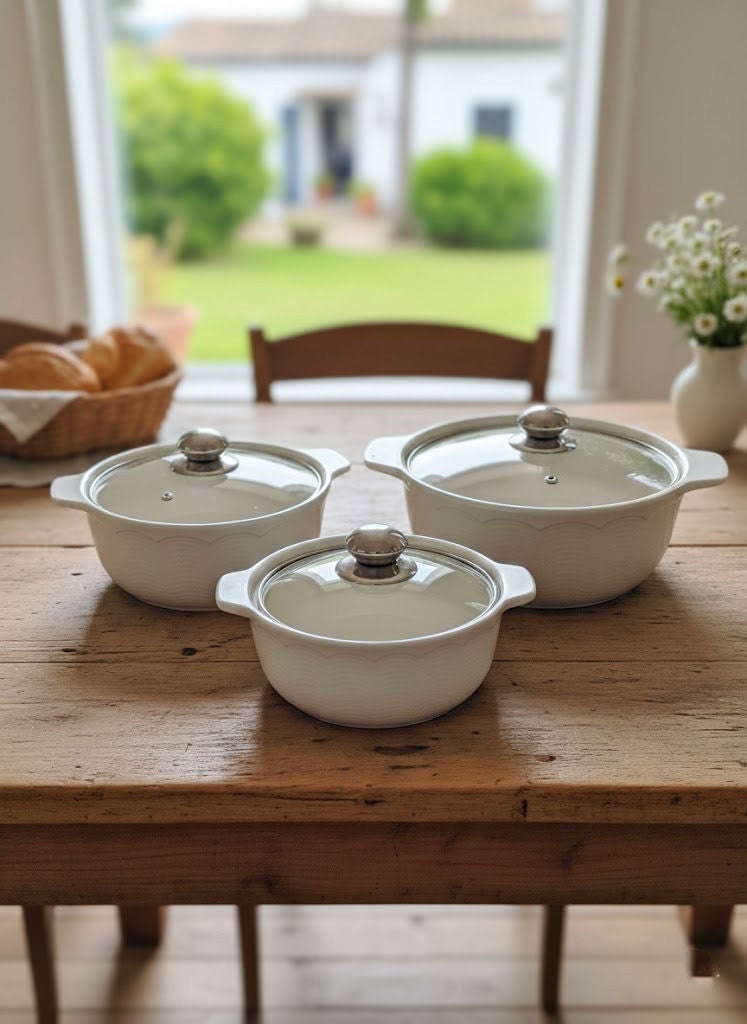 3-Piece Ceramic Soup Bowl Set With Glass Lid White/Silver; Small Bowl 8.5 Inch, Medium Bowl 10 Inch, Large Bowl 11.5 Inch